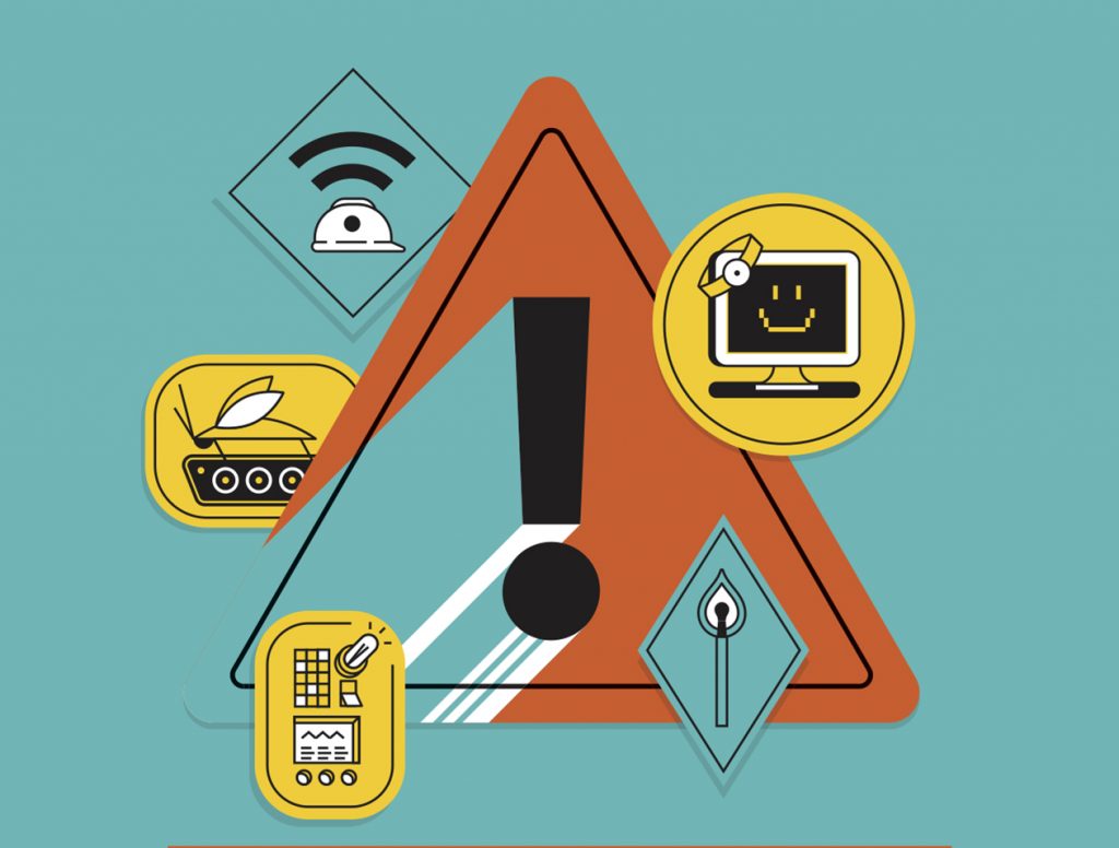 Illustration of the following: A hardhat with wifi symbol lines coming out of it in a diamond shape. A creature on wheels in a horizontal oblong shape. A switchboard in a vertical oblong shape. An exclamation point in a triangle. A smiling computer monitor with a stethoscope headband in a circle. A lit match in a diamond shape.