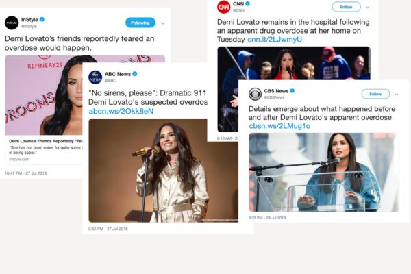 A collage of Tweets about Demi Lovato, including pictures of the singer, reading: "InStyle @Instyle Demi Lovato's friends reportedly feared an overdose would happen. Demi Lovatos' Friends Reportedly... "She has not been sober for quite some... in being sober."", "ABC News @ABC "No sirens, please": Dramatic 911... Demi Lovato's suspected overdos[e]... abcn.ws/2Okk8eN", "CNN @CNN Demi Lovato remains in the hospital following an apparent drug overdose at her home on Tuesday cnn.it/2LJwmyU", and "CBS News @CBSNews Details emerge about what happened before and after Demi Lovato's apparent overdose cbsn.ws/2LMug1o".