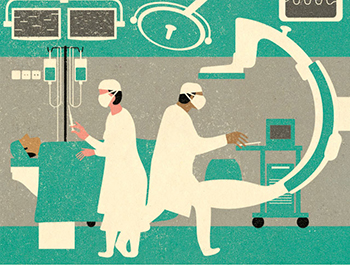 Illustration of two surgeons at an operating table with a robotic C arm. A patient lies on the table.