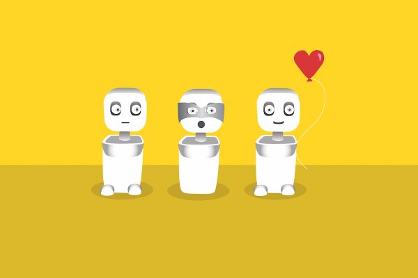 An illustration of three humanlike robots. The on on the left looks toward the one in the middle with no expression. The middle one wears a mask and opens its mouth. The one on the right has a heart-shaped balloon attached to it and appears to be smiling.