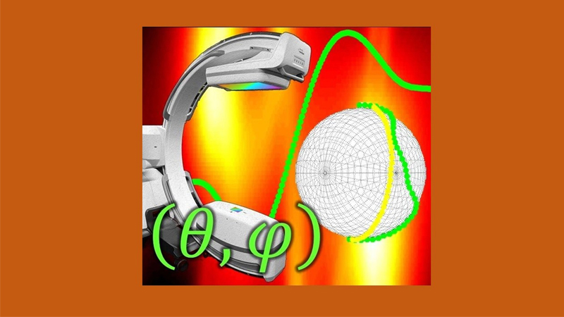 A graphic representing the Johns Hopkins solution to imaging scan problems from metal implants. The scanner can be steered (ball on right encircled by green and yellow lines) to get an undistorted image of the implant. Greek letters stand for the best way to steer the scanner to achieve this.