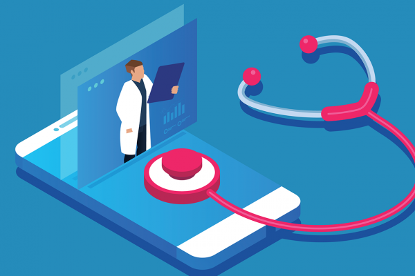 An illustration of a smartphone showing a doctor with a file. A stethoscope "listens" to the phone.