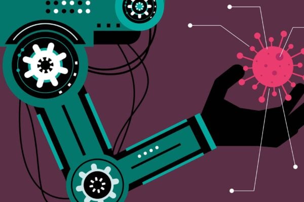 An illustration of a robot arm holding a coronavirus molecule.