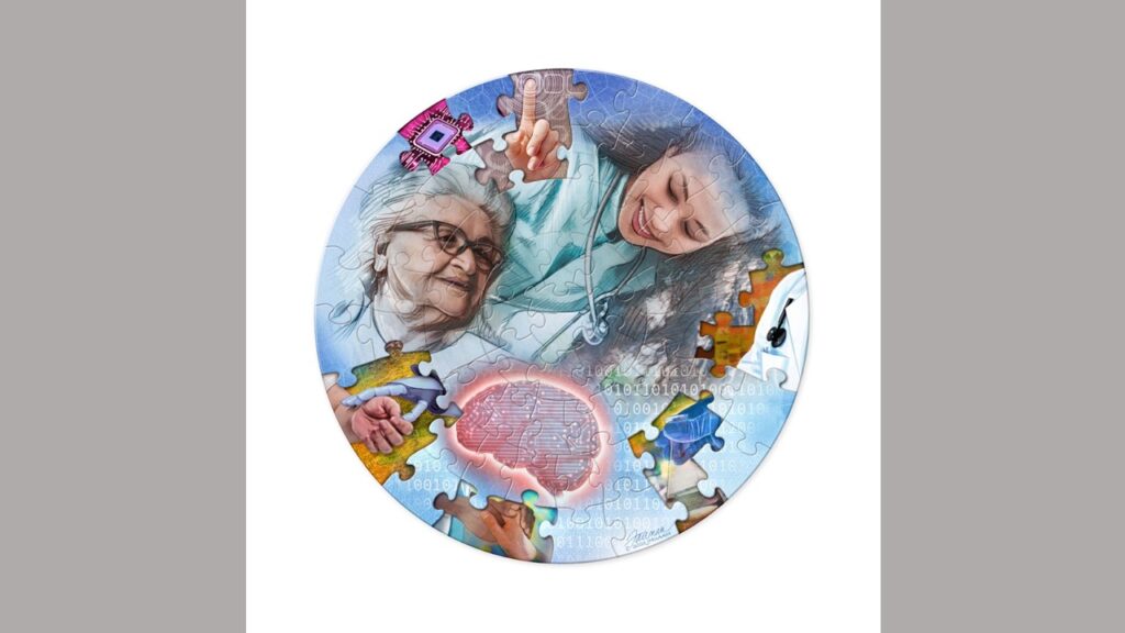 A circular puzzle depicting a young doctor attending to an older adult and a glowing brain. There are puzzle pieces missing, revealing other medical stock imagery.