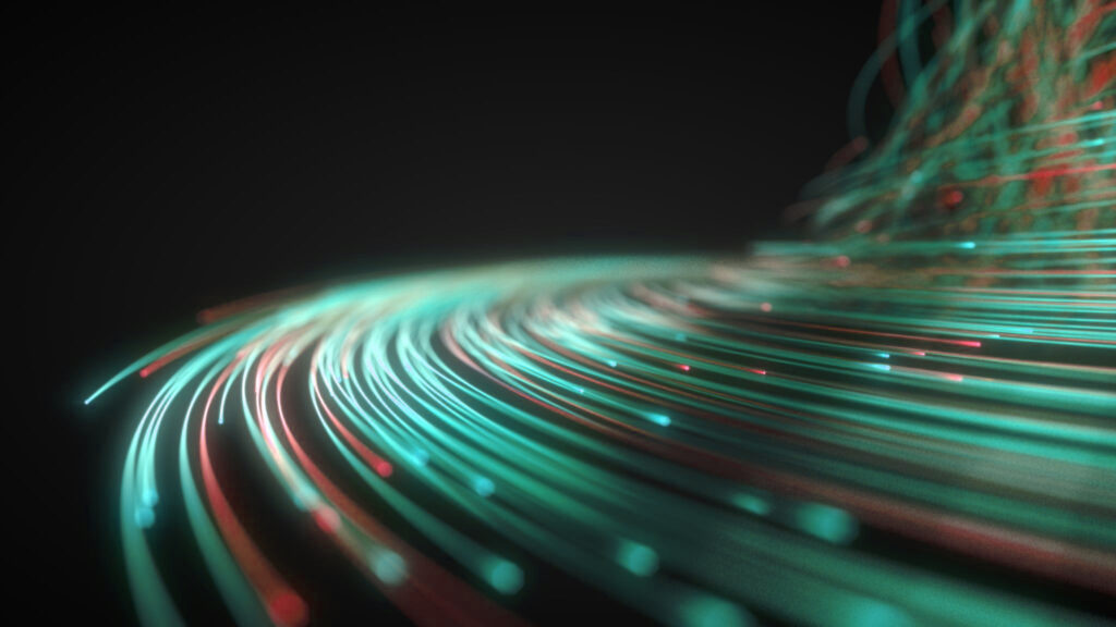 An abstract background suggesting red and green fiber optic cables.