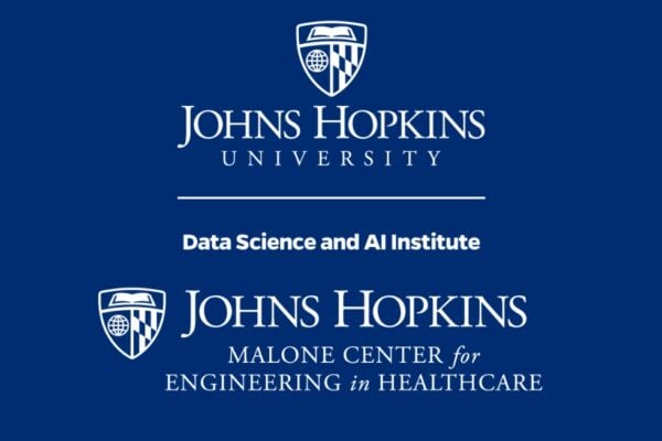 Johns Hopkins University Data Science and AI Institute logo over the Johns Hopkins Malone Center for Engineering in Healthcare logo.