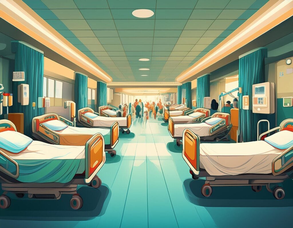 Illustration of hospital beds.