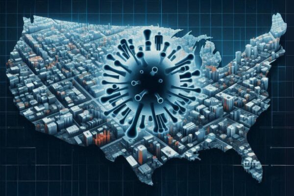 Coronavirus molecule overlaid over a city grid in the shape of the continental US.