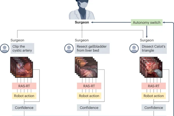 A diagram showing a surgeon, three actions (clip the cystic artery, resect gallbladder from liver bed, and dissect Calot's triangle) with RAS-RT, robot action, and confidence blocks after, leading to a risk-avoidance system block that loops back to an autonomy switch and then back to the surgeon.