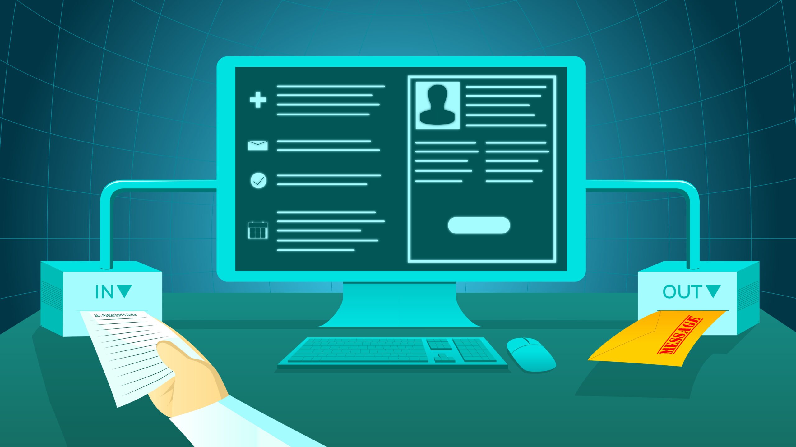 Illustration of a hand feeding patient information into an "in" box attached to a computer, which prints a message out of an "out" box.
