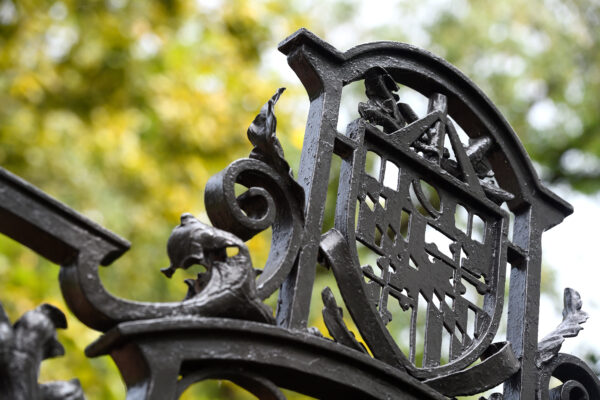 A gate featuring the Johns Hopkins academic seal.