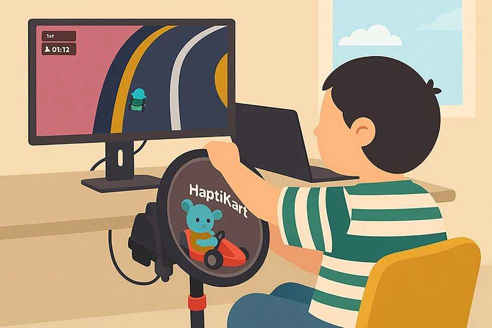 Illustration of a child playing a racing game on a computer using a wheel with "HaptiKart" and a cartoon character on it.