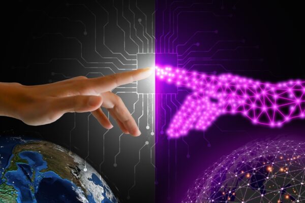 A human hand and globe is mirrored on the other side of the image with digital versions.