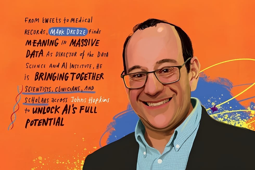 Illustration of Mark Dredze next to words reading "From tweets to medical records, Mark Dredze finds meaning in massive data. As director of the Data Science and AI Institute, he is bringing together scientists, clinicians, and scholars across Johns Hopkins to unlock AI's full potential."