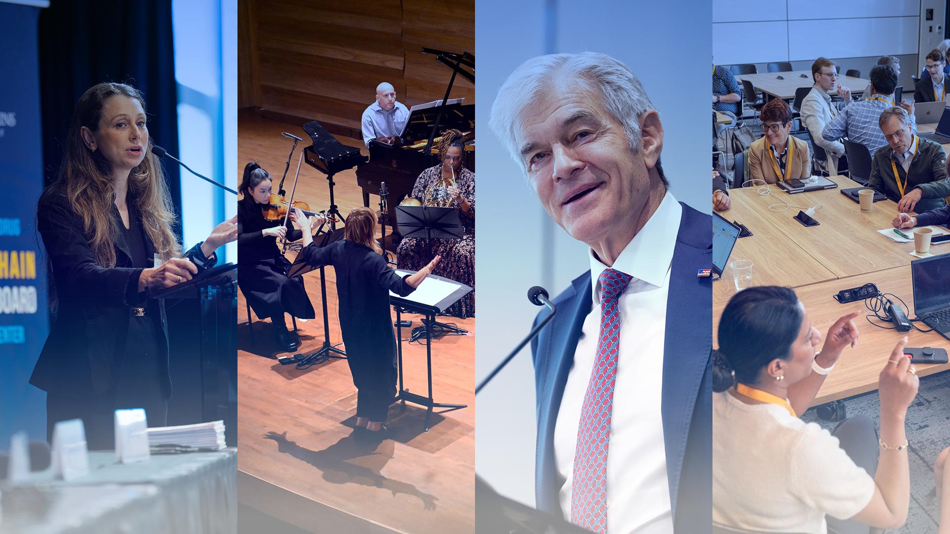 A four-image composite showing activities at the Hopkins Bloomberg Center.